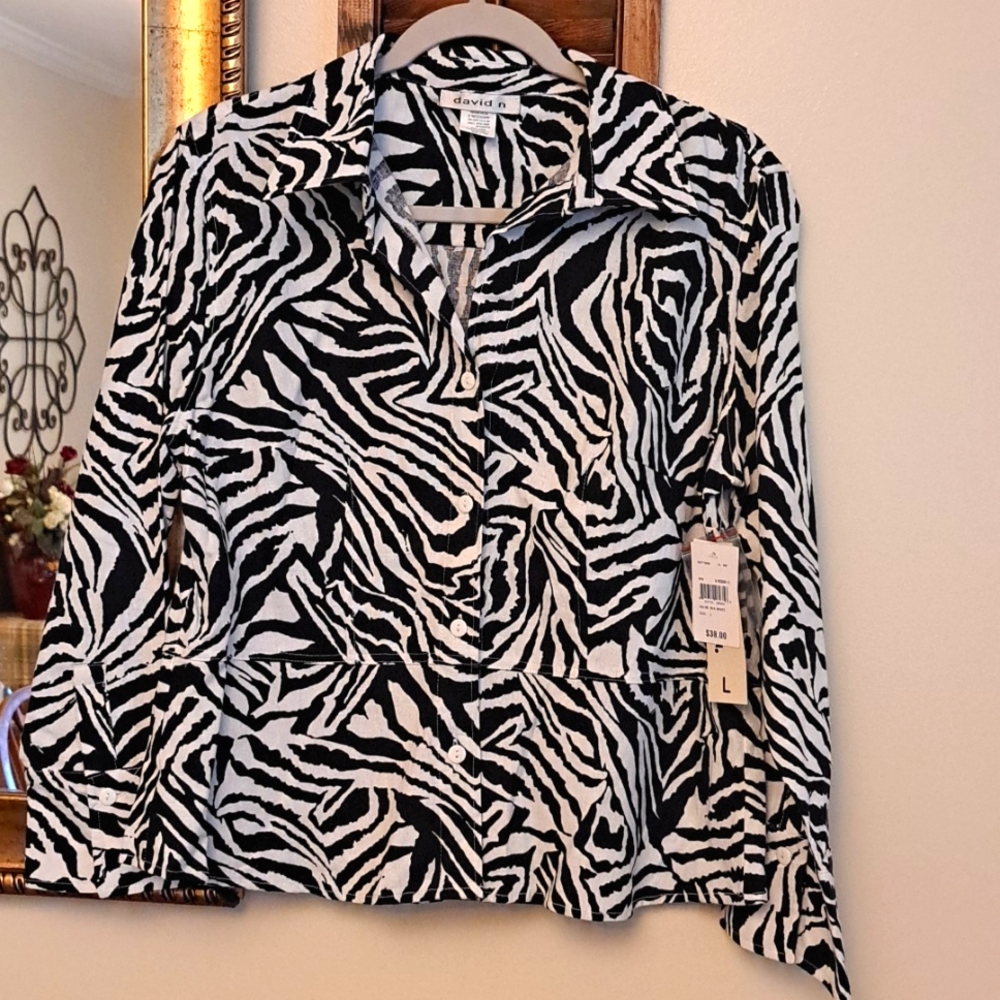 NWT size large, david n brand, long sleeve zebra print, pendulum style blouse.